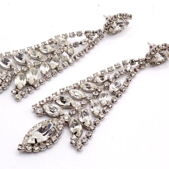Vintage 90's Rhinestones Rhodium Plate Fancy Bridal Dangle Long Post Earrings - Picture 7 of 10